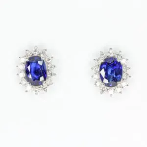 Oval Sapphire Earrings with Halo of Diamond set in 18ct White Gold