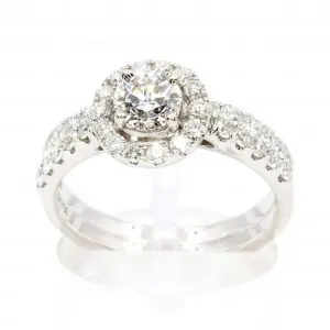 Round Brilliant Cut Faint Pink Diamond Ring with Halo of Diamonds set in 18ct White Gold