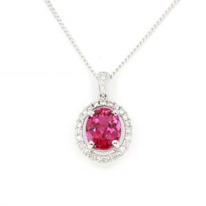 Oval Pink Tourmaline Pendant with Halo of Diamonds set in 18ct White Gold
