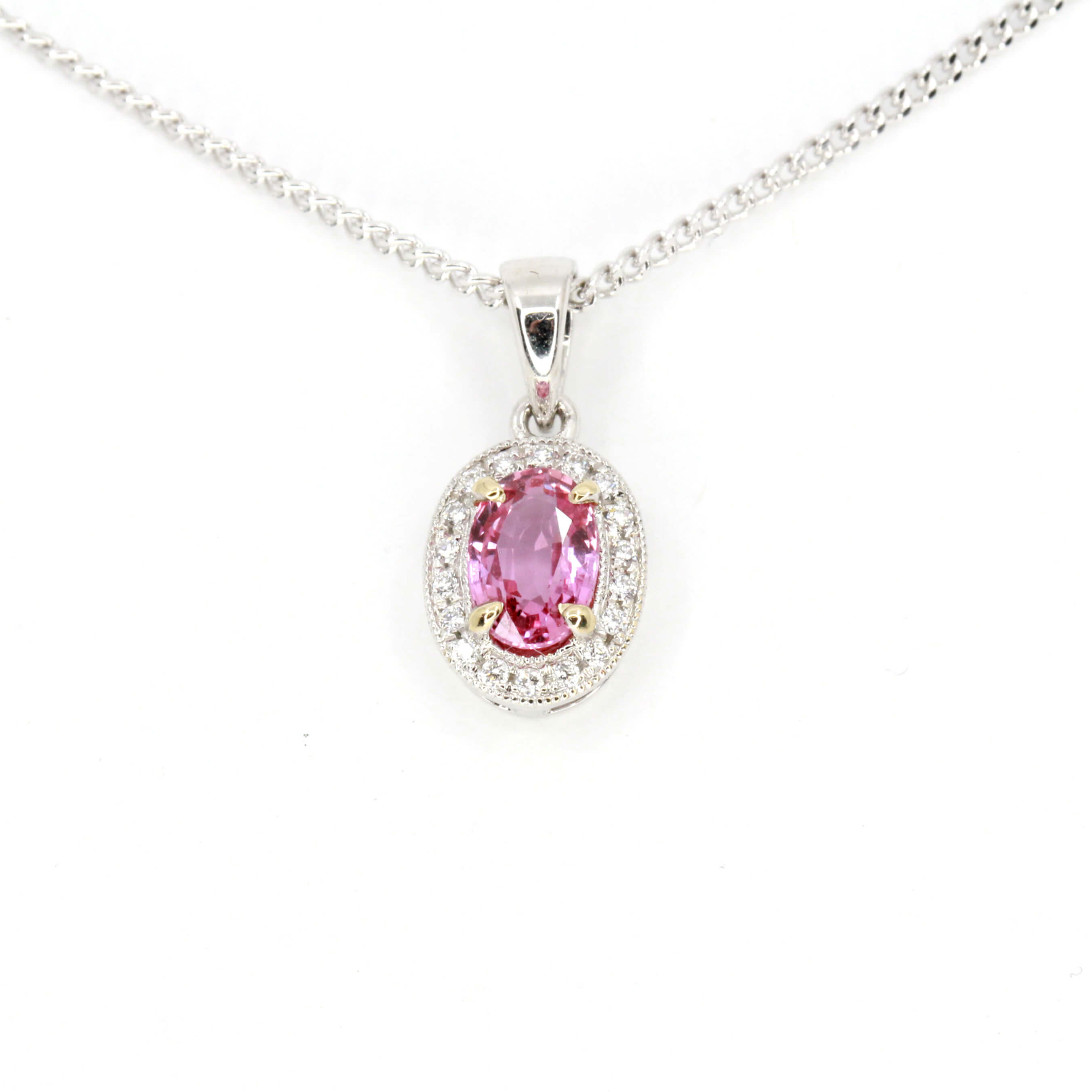 Pink Sapphire and Diamond Necklace in White Gold KLENOTA