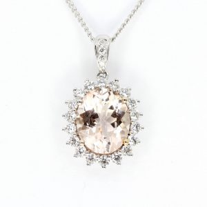Oval Morganite Pendant with Halo of Diamonds set in 18ct White Gold