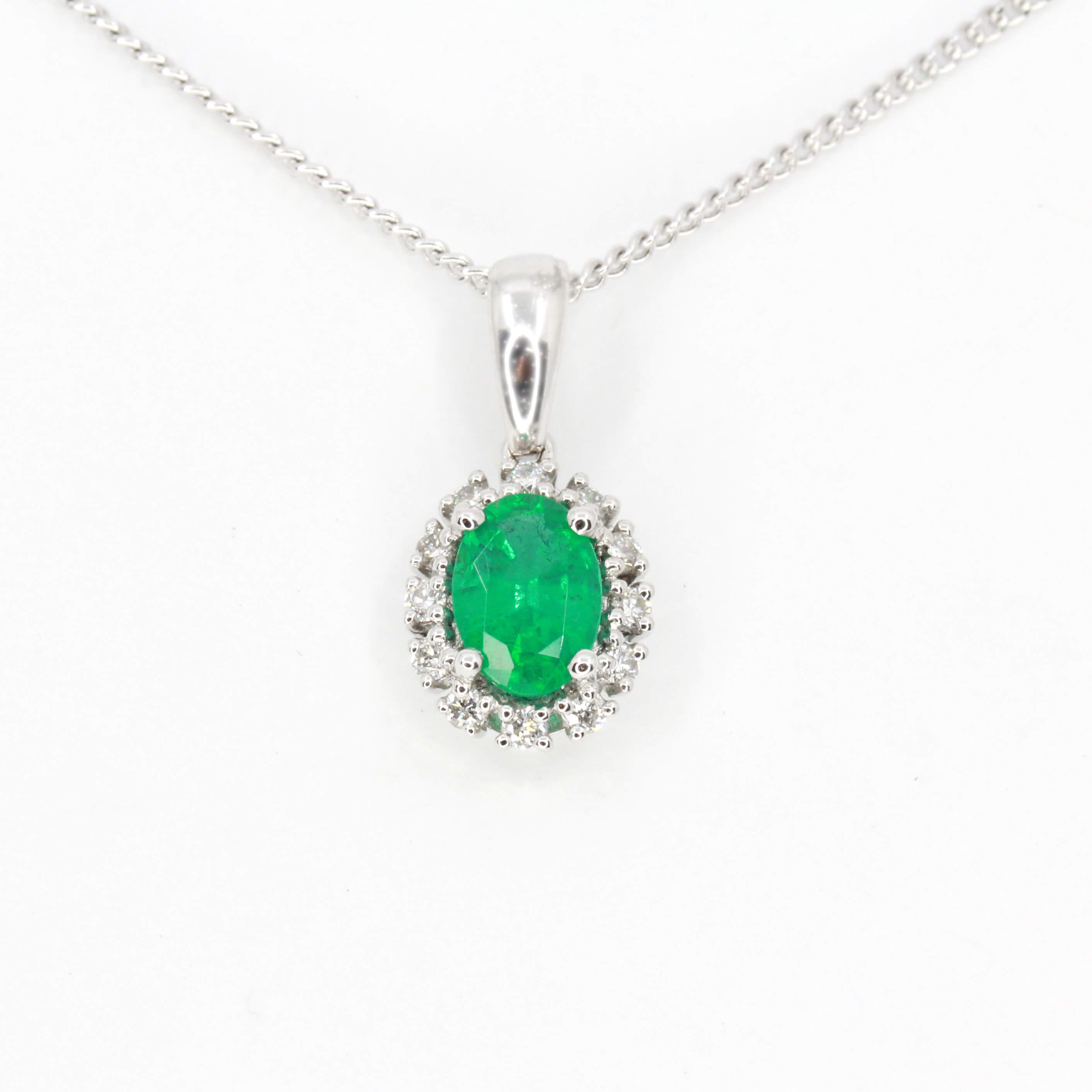 Oval Emerald Pendant with Halo of Diamonds set in 18ct White Gold | All ...