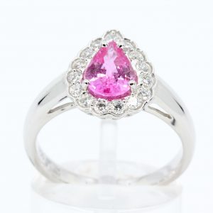 Pear Cut Pink Sapphire Ring with Scallop of Diamonds Set in 18ct White Gold