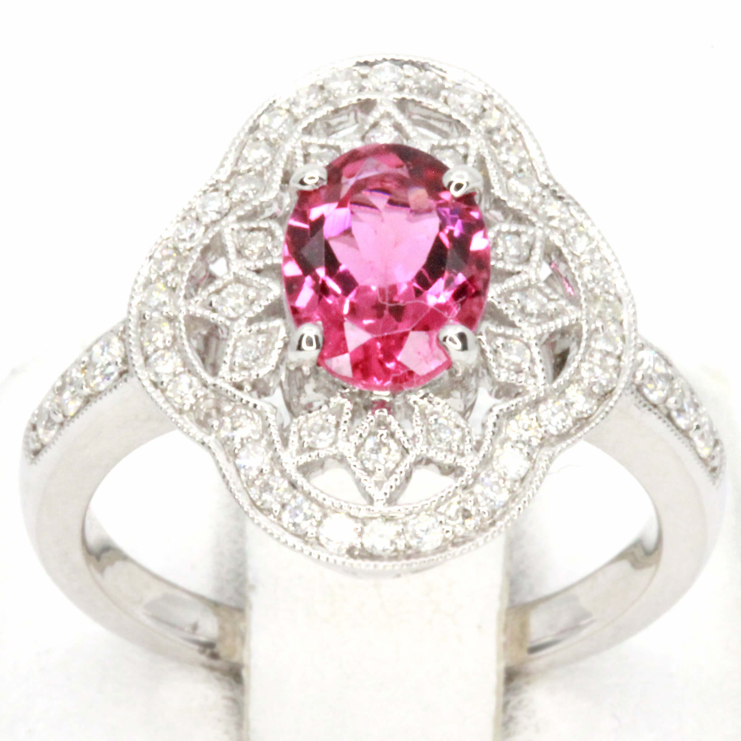 Oval Pink Tourmaline Ring with Accents of Diamonds Set in 18ct White ...
