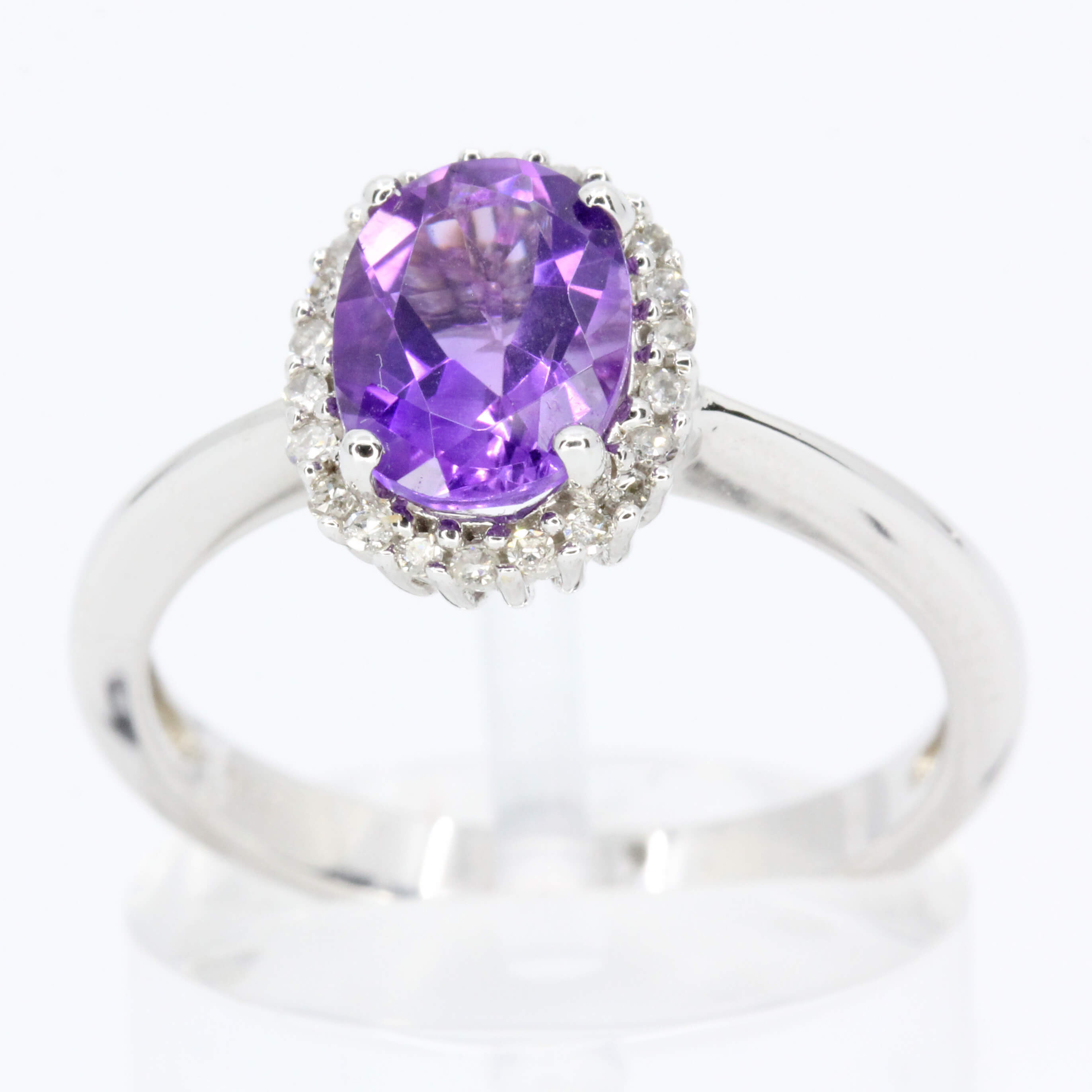 Oval Shape Amethyst Ring with Halo of Diamonds Set in 18ct White Gold ...