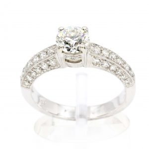 Round Brilliant Cut Diamond Ring with Bead Set Diamonds Accents set in 18ct White Gold