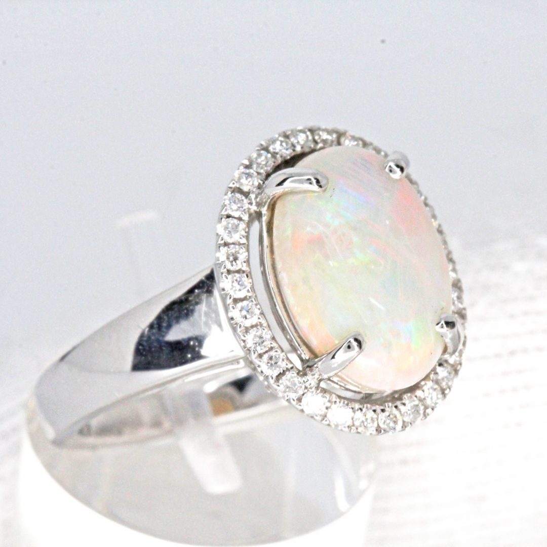 18ct White Gold Solid White Opal and Diamonds Ring | Allgem Jewellers