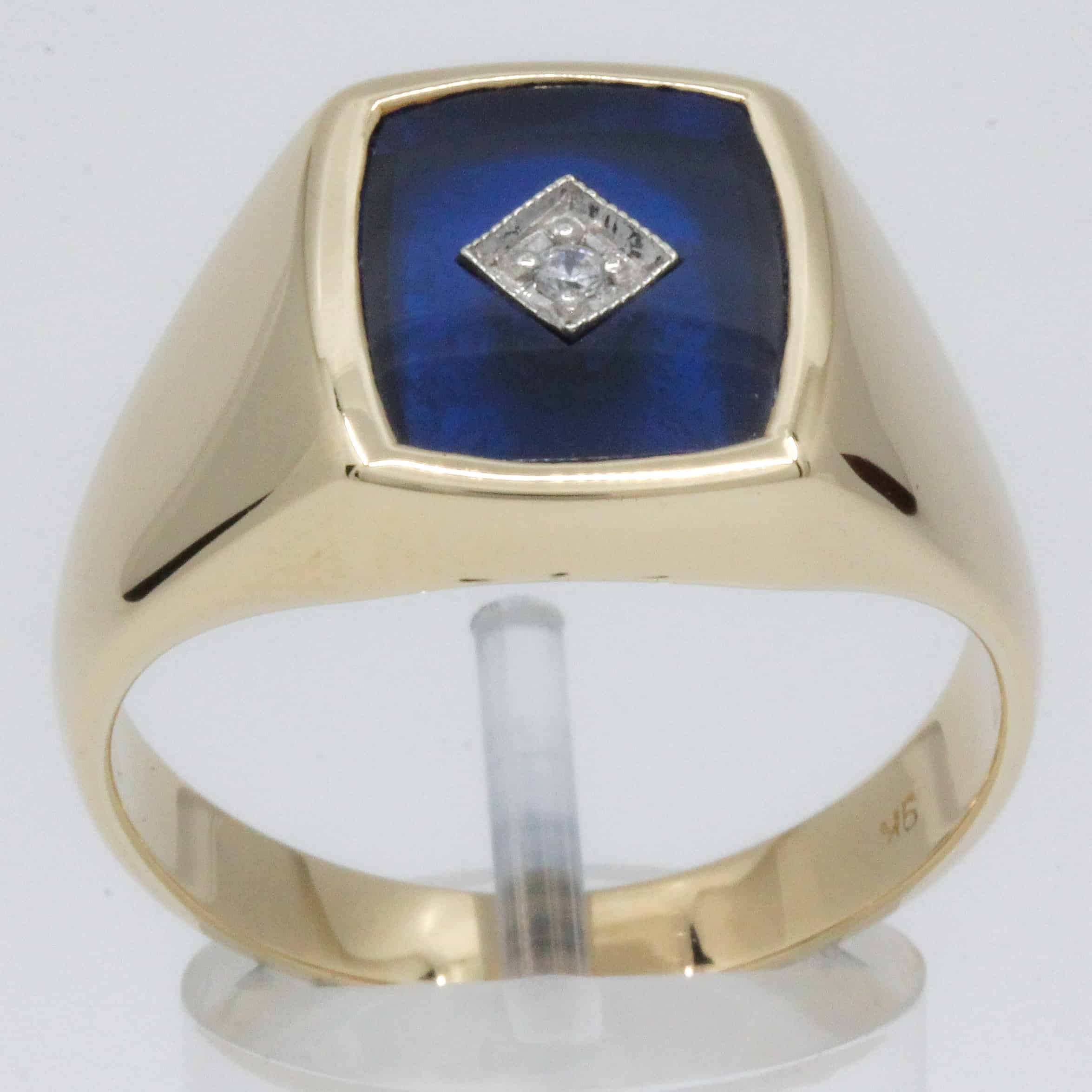 9ct Yellow Gold Gents Synthetic Blue Stone & Cubic Zirconia Ring (W ...