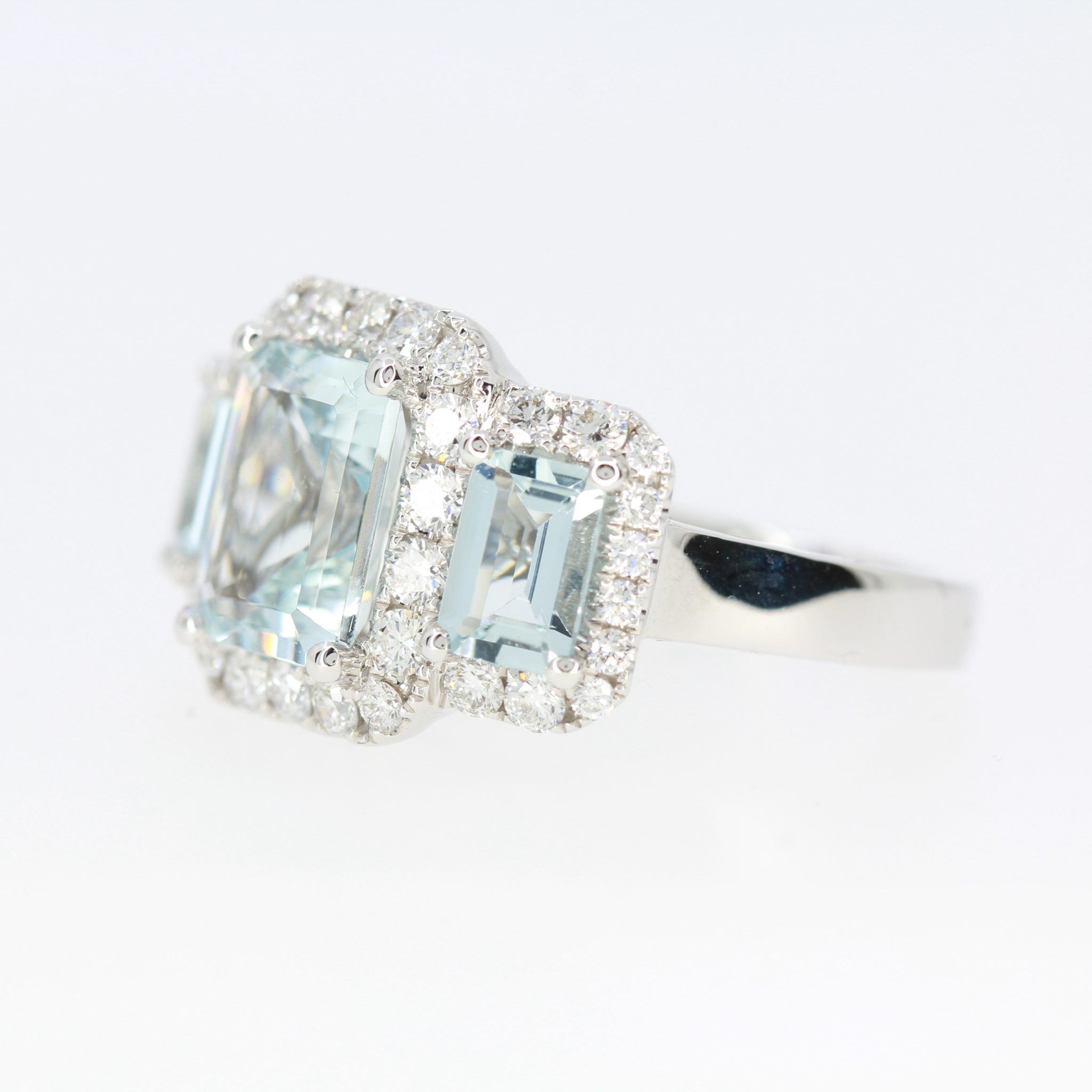 18ct White Gold Aquamarine and Diamonds Trilogy Ring | Allgem Jewellers