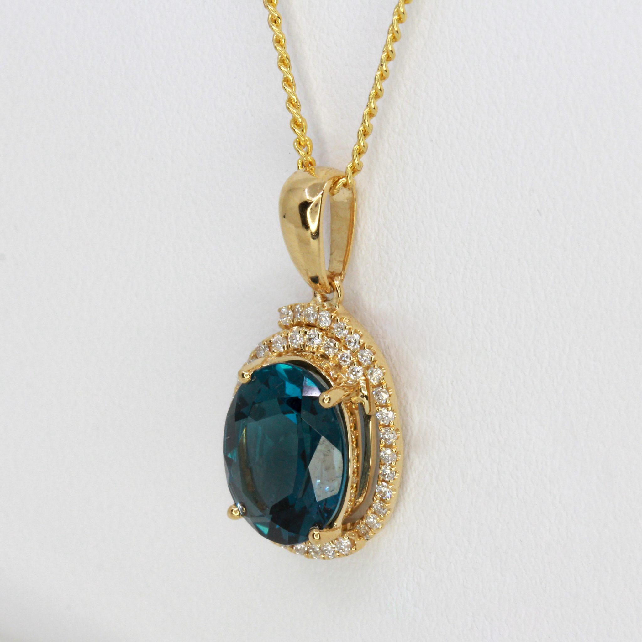 18ct Yellow Gold London Blue Topaz and Diamond Pendant | Allgem Jewellers