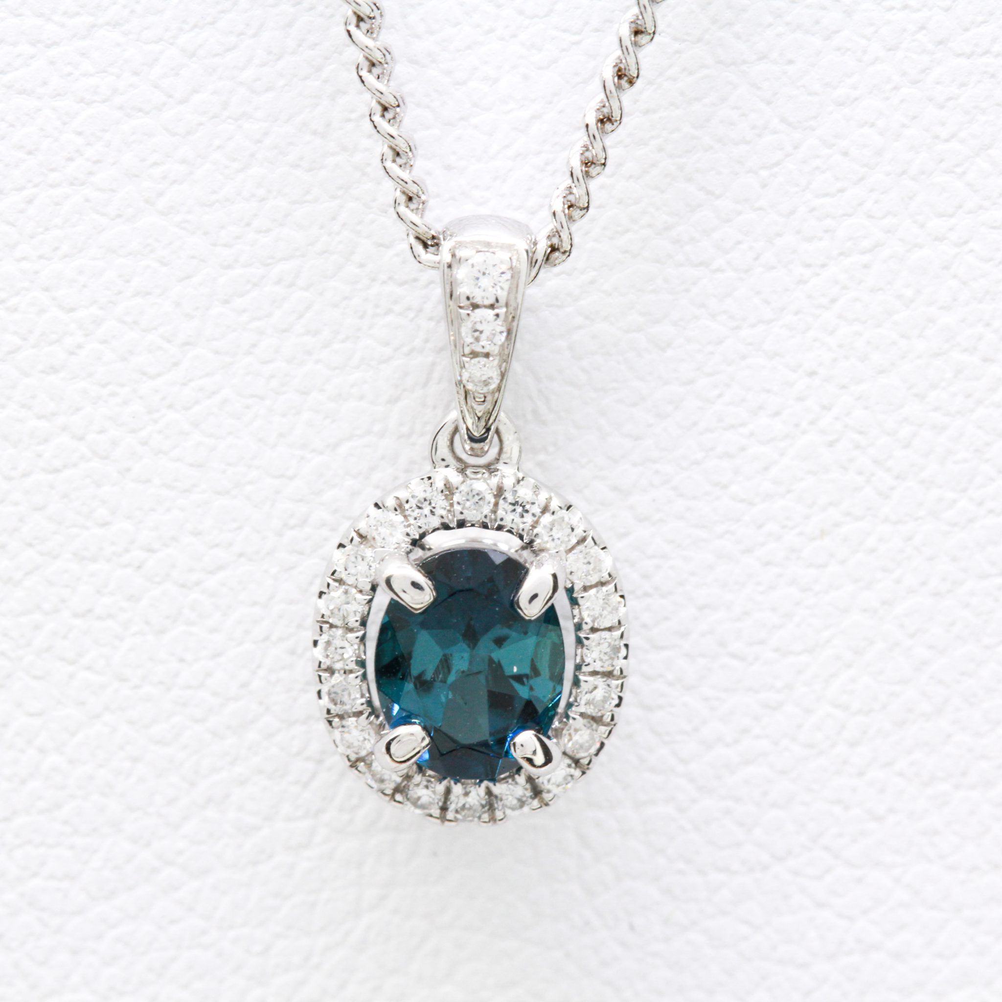 18ct White Gold Blue Tourmaline and Diamond Pendant | Allgem Jewellers